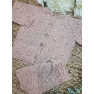 CONJUNTO BEBE TRICOT JERSEY/REBECA LENNY C/ CULETIN BODOQUE PALE ROSE rosa