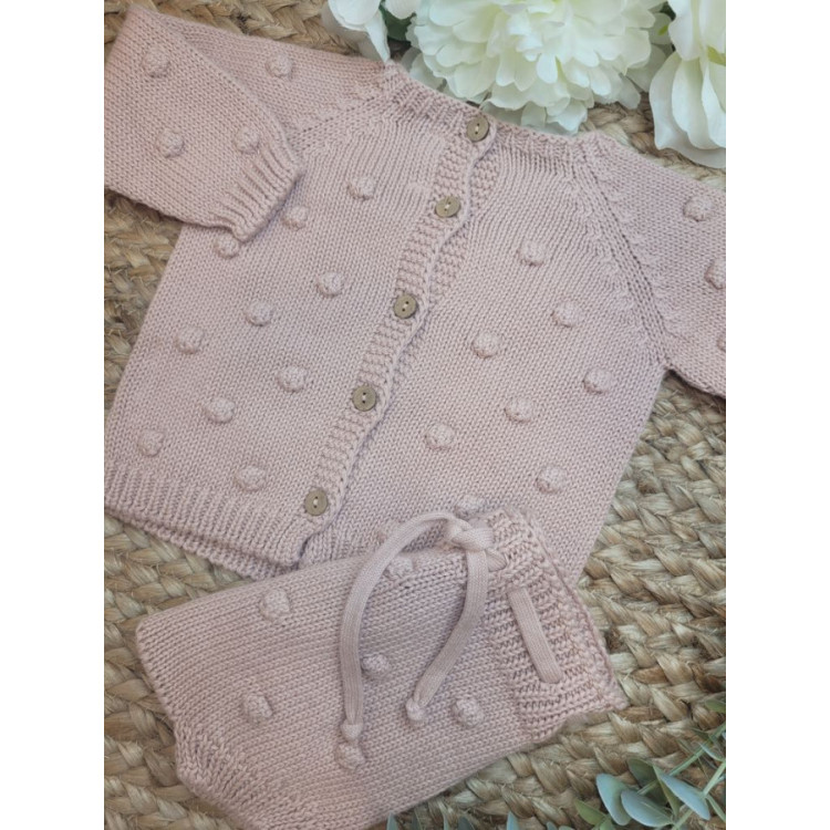 CONJUNTO BEBE TRICOT JERSEY/REBECA LENNY C/ CULETIN BODOQUE PALE ROSE rosa