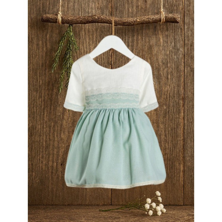 Vestido Lino Manga Francesa Y Puntilla verde