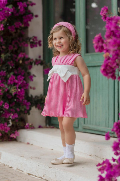 Vestido Infantil Niña Fresa Lazo Blanco Fresa