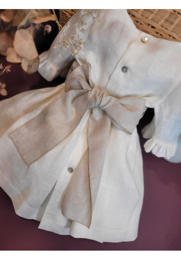 VESTIDO BEBE CEREMONIA LINO CON CAPOTA LAZO ARENA x