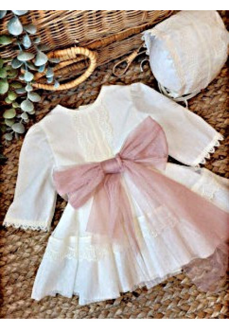 VESTIDO BAUTIZO TUL PLUMETI M/L FAJIN TUL ROSA CON CAPOTA bco roto y rosa x