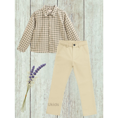 Conjunto Camisa Niño Cuadros Vichy Verde Y Beige. Pantalón Camel Chino Verde