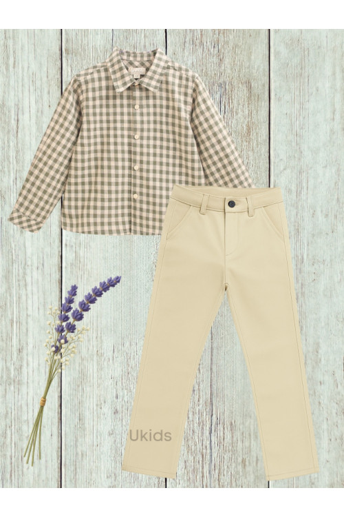 Conjunto Camisa Niño Cuadros Vichy Verde Y Beige. Pantalón Camel Chino Verde