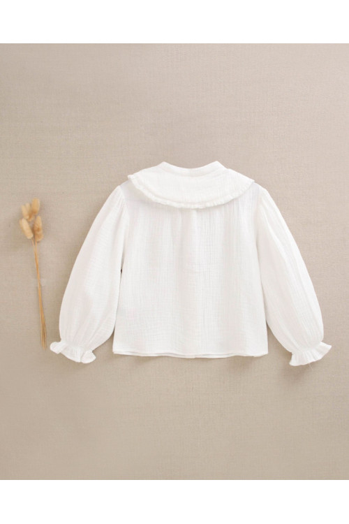 Conjunto Blusa Niña Muselina Blanca Cuello Volante. Falda Morada Morado
