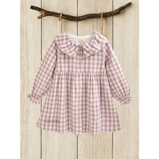 Vestido Niña Cuadros Con Volante En Cuello. Malva