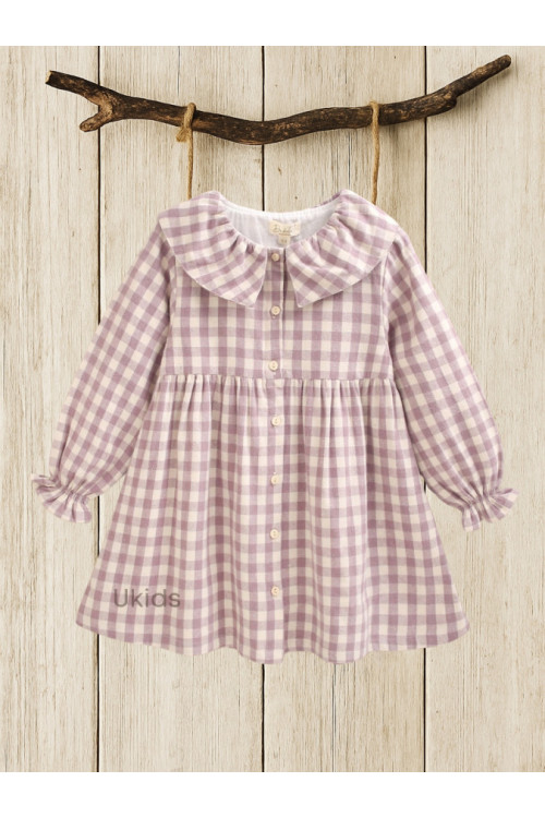 Vestido Niña Cuadros Con Volante En Cuello. Malva