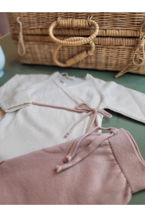 CONJUNTO JUBON CREAM CON CINTA ROSE Y POLAINA ROSE rosa