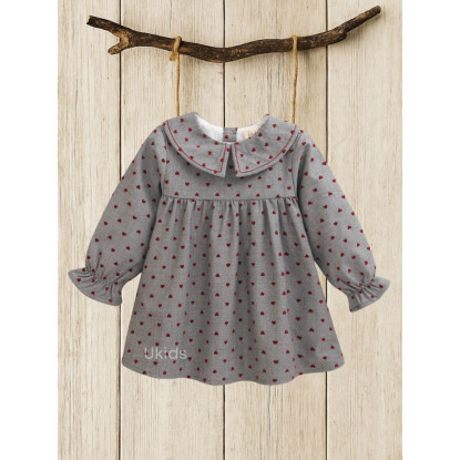 Vestido Bebé Niña Con Estampado Corazón Granate. Color Gris Oscuro