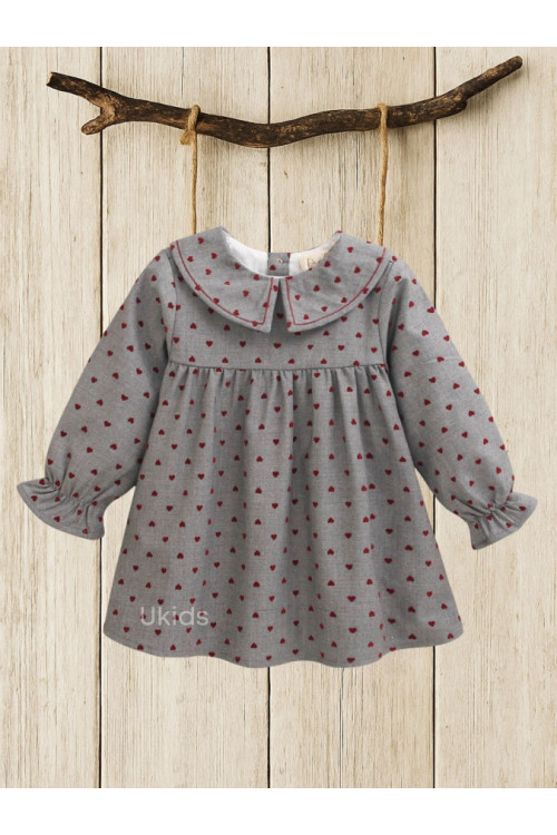 Vestido Bebé Niña Con Estampado Corazón Granate. Color Gris Oscuro
