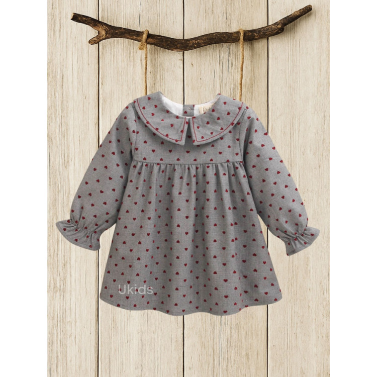 Vestido Bebé Niña Con Estampado Corazón Granate. Color Gris Oscuro