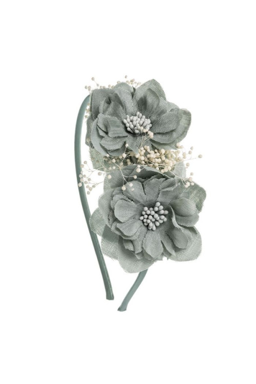 Diadema satén con dos flores iris y gypso