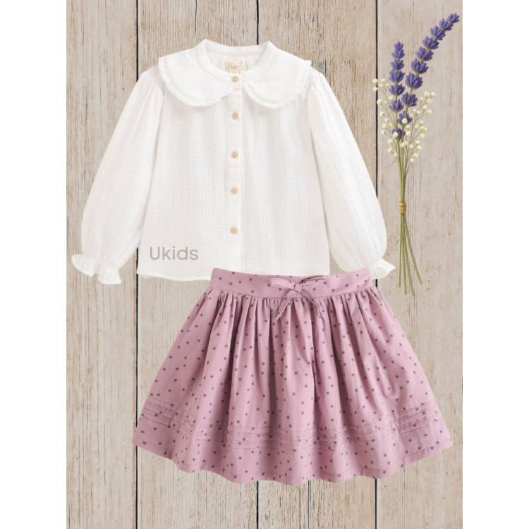 Conjunto Blusa Niña Muselina Blanca Cuello Volante. Falda Morada Morado