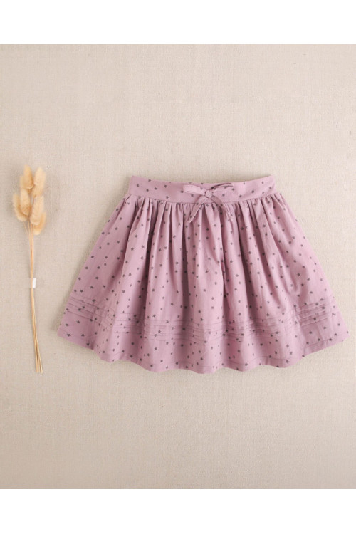 Conjunto Blusa Niña Muselina Blanca Cuello Volante. Falda Morada Morado