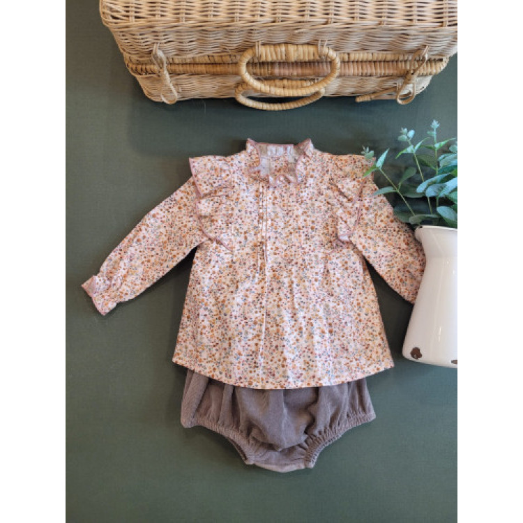 CONJUNTO RANITA CAMISA VOLANTES BABIDU rosa y marron