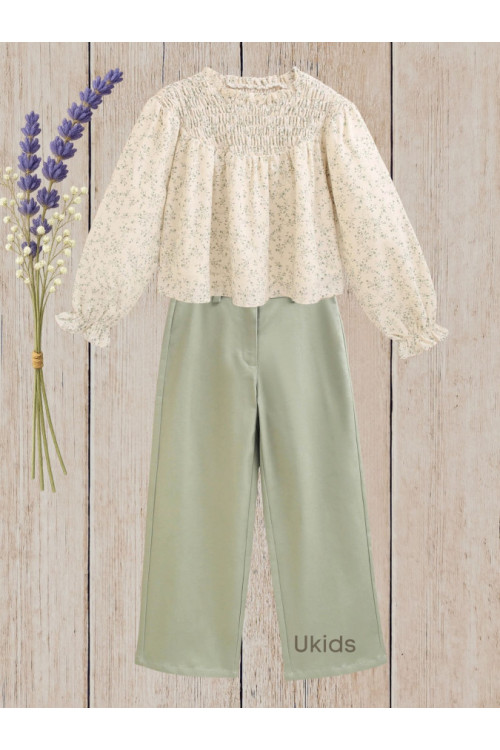 Conjunto Blusa Niña Estampado Florar Y Pantalón  Verde