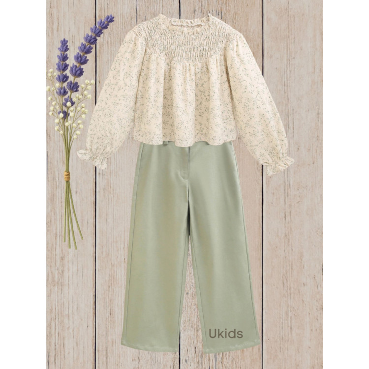 Conjunto Blusa Niña Estampado Florar Y Pantalón  Verde