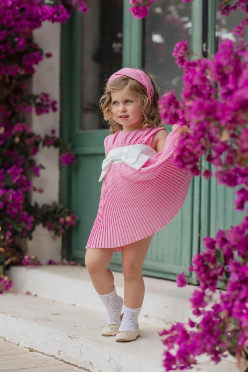 Vestido Infantil Niña Fresa Lazo Blanco Fresa