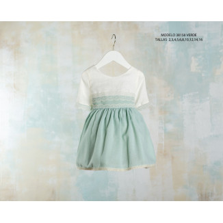 Vestido Lino Manga Francesa Y Puntilla verde