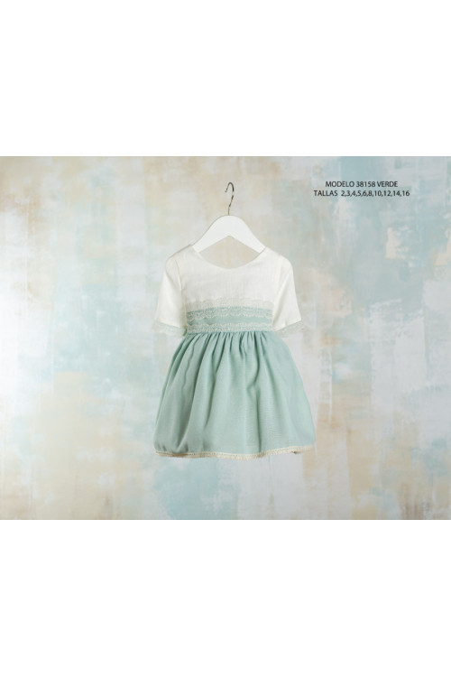 Vestido Lino Manga Francesa Y Puntilla verde