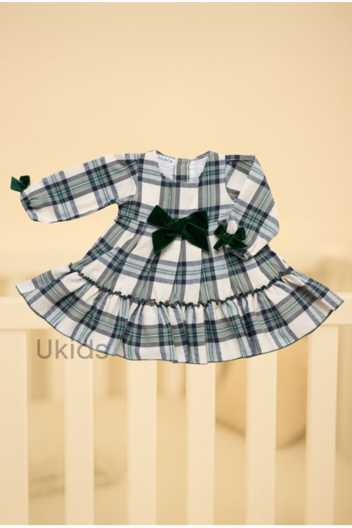 Vestido 2. Volantes Cuadros Lazo Terciopelo Verde Musgo