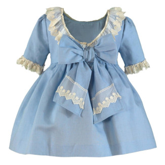Vestido Infantil Lino Escote Pico Celeste
