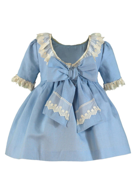 Vestido Infantil Lino Escote Pico Celeste