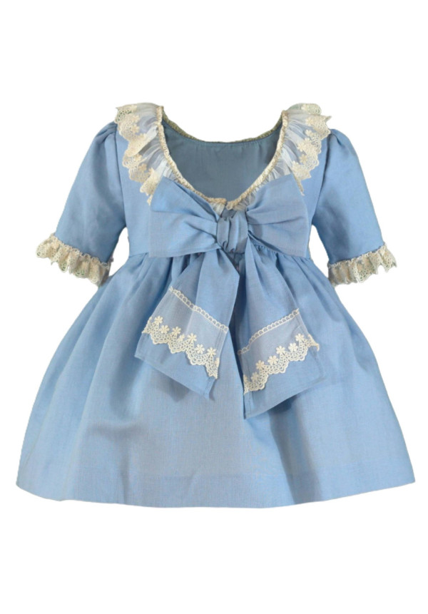 Vestido Infantil Lino Escote Pico Celeste
