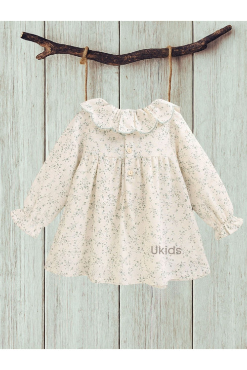 Vestido Bebé Niña Con Estampado Floral Verde Con Volante Cuello. Crudo