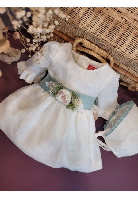 VESTIDO BEBE CEREMONIA LINO CON CAPOTA LAZO VERDE x