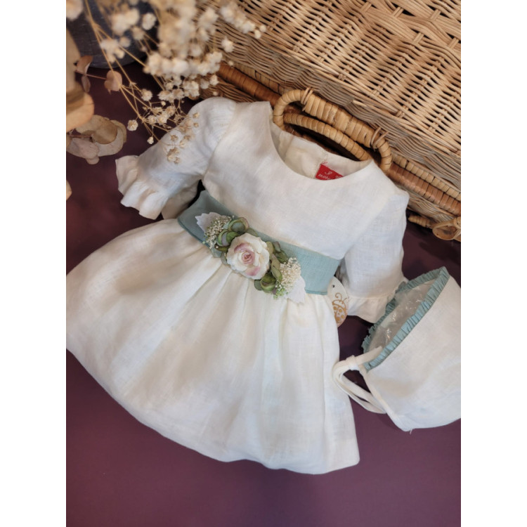 VESTIDO BEBE CEREMONIA LINO CON CAPOTA LAZO VERDE