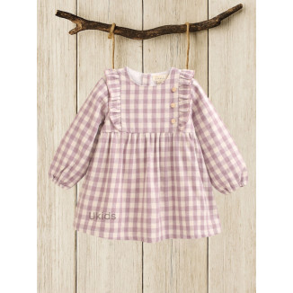 Vestido Bebé Cuadros Con Volante En Cuello. Malva