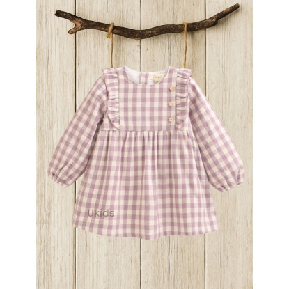 Vestido Bebé Cuadros Con Volante En Cuello. Malva