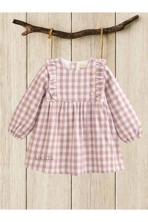 Vestido Bebé Cuadros Con Volante En Cuello. Malva