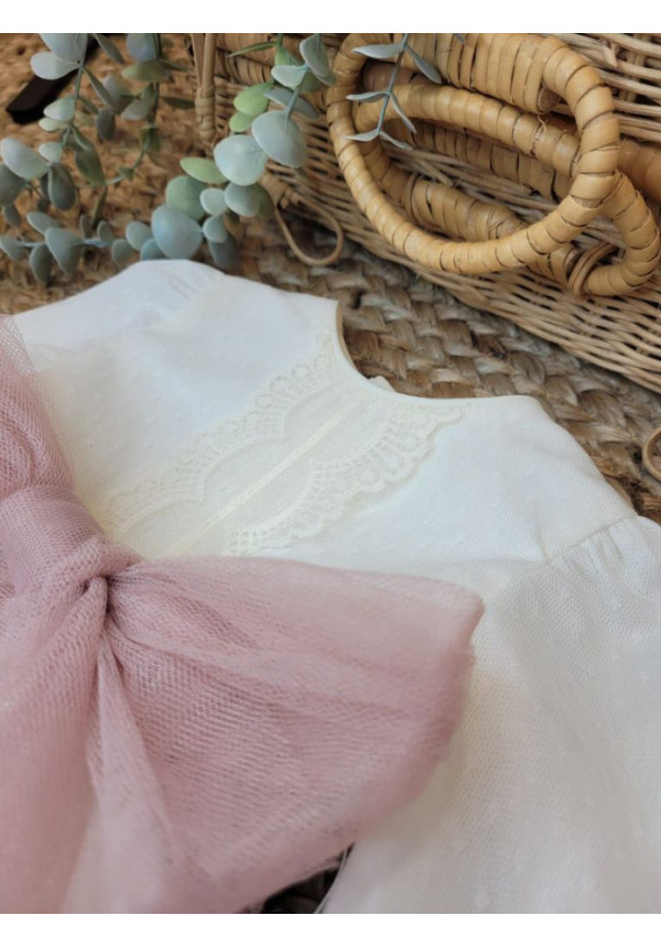 VESTIDO BAUTIZO TUL PLUMETI M/L FAJIN TUL ROSA CON CAPOTA bco roto y rosa x