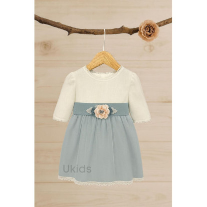 VESTIDO BEBÉ LINO MANGA FRANCESA FALDA AZUL OCÉANO