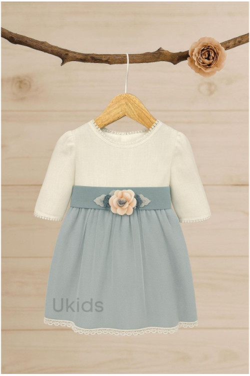 VESTIDO BEBÉ LINO MANGA FRANCESA FALDA AZUL OCÉANO