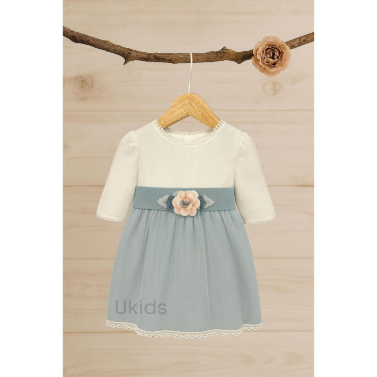 VESTIDO BEBÉ LINO MANGA FRANCESA FALDA AZUL OCÉANO
