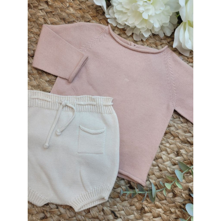 CONJUNTO JERSEY/CHAEQUETA BASICA ROSE CON CULETIN BOLISLLO CREAM rosa