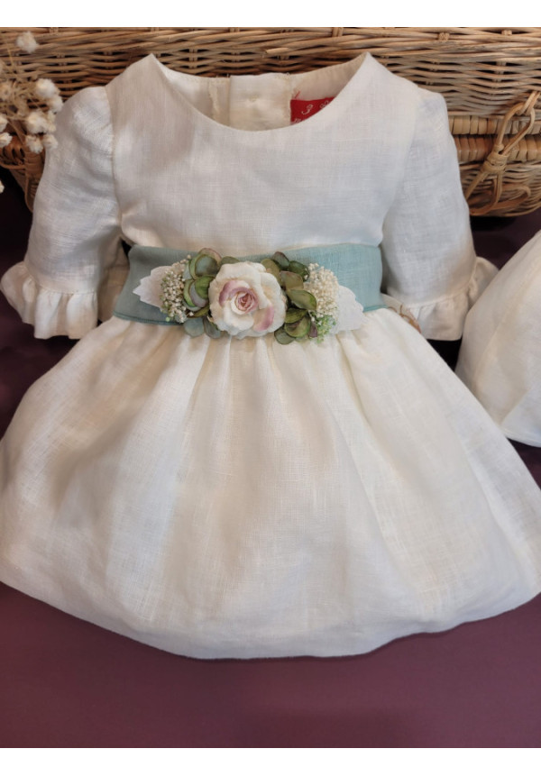 VESTIDO BEBE CEREMONIA LINO CON CAPOTA LAZO VERDE x
