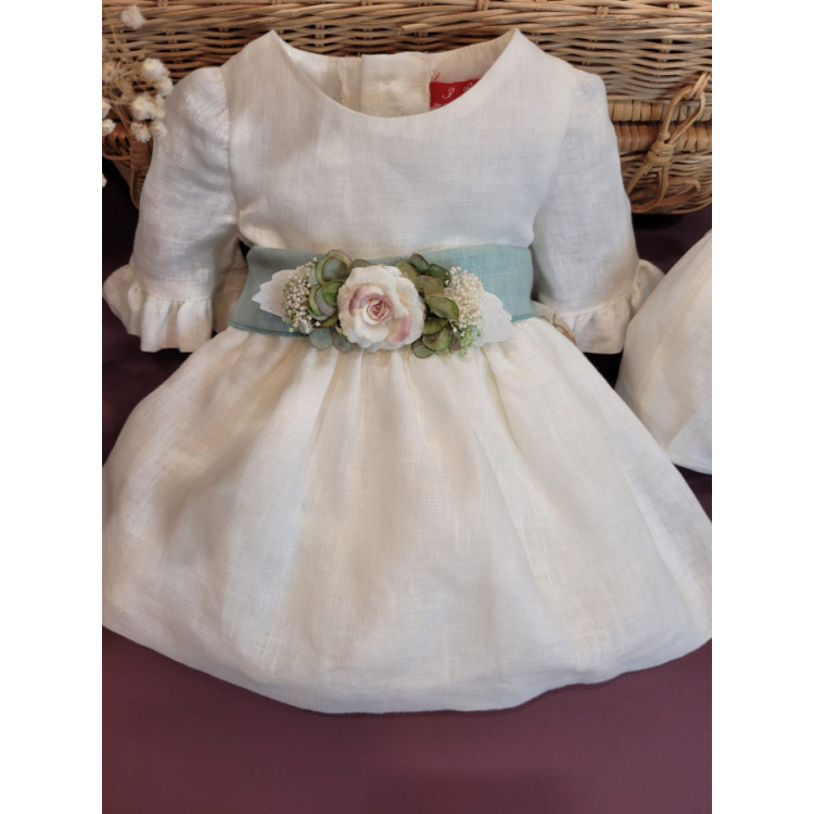 VESTIDO BEBE CEREMONIA LINO CON CAPOTA LAZO VERDE