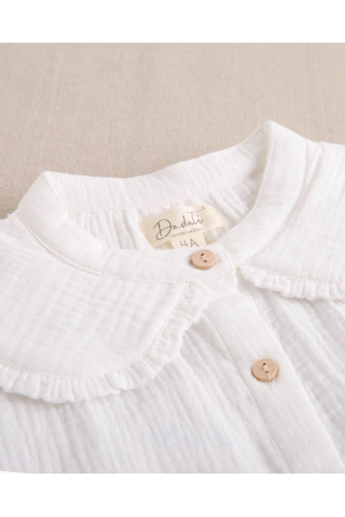 Conjunto Blusa Niña Muselina Blanca Cuello Volante. Falda Morada Morado