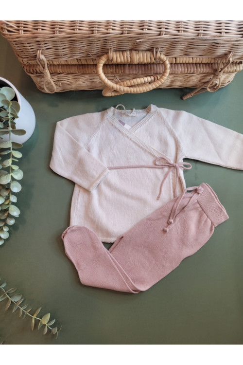 CONJUNTO JUBON CREAM CON CINTA ROSE Y POLAINA ROSE rosa