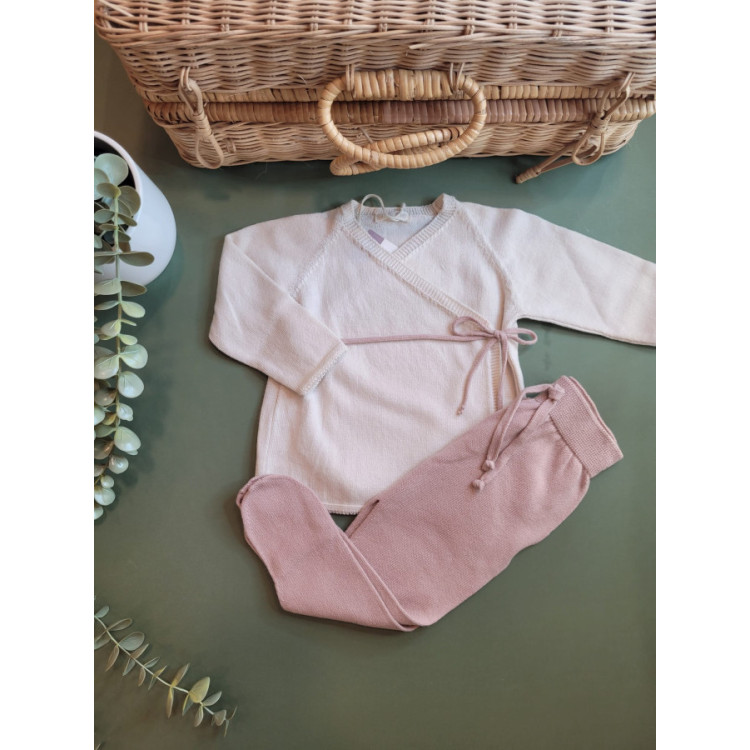 CONJUNTO JUBON CREAM CON CINTA ROSE Y POLAINA ROSE rosa