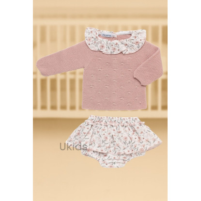 Conjunto Braga Volante Flores Rosa Empolvado