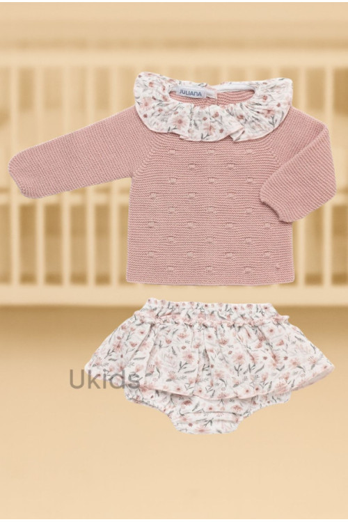 Conjunto Braga Volante Flores Rosa Empolvado