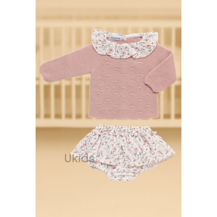 Conjunto Braga Volante Flores Rosa Empolvado