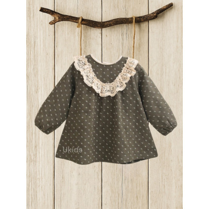 Vestido Bebé Niña Estampado Hojas Y Ganchillo. Verde Oscuro