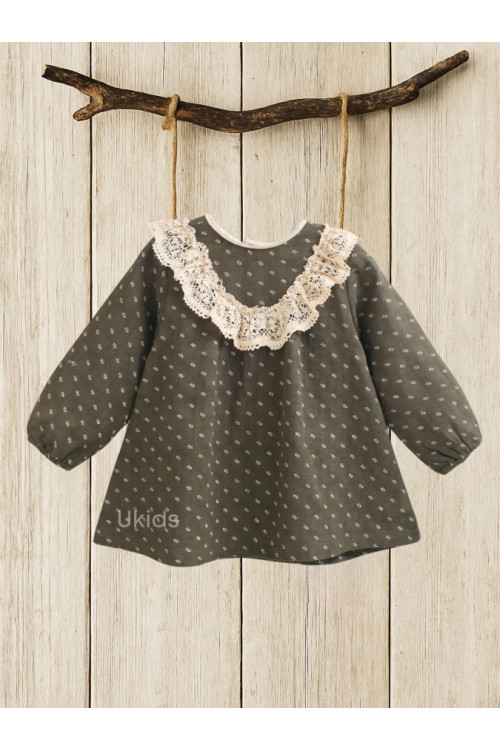 Vestido Bebé Niña Estampado Hojas Y Ganchillo. Verde Oscuro