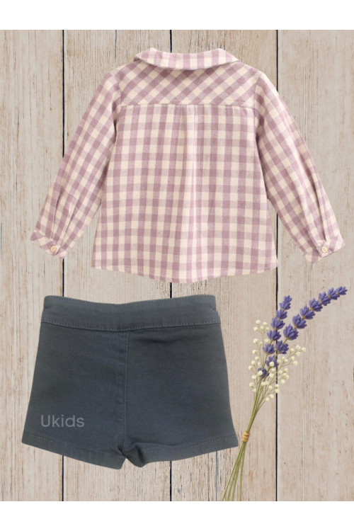 Conjunto Camisa Bebé Niño Cuadros Cuello Redondo Y Short Malva